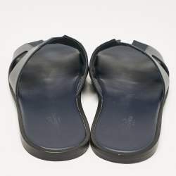Hermes Navy Blue Leather and Canvas Izmir Flat Slides Size 45