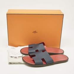 Hermes Navy Blue Leather Izmir Flat Slides Size 41.5