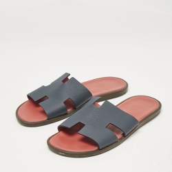 Hermes Navy Blue Leather Izmir Flat Slides Size 41.5
