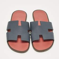 Hermes Navy Blue Leather Izmir Flat Slides Size 41.5