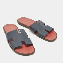 Hermes Navy Blue Leather Izmir Flat Slides Size 41.5