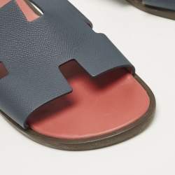 Hermes Navy Blue Leather Izmir Flat Slides Size 41.5