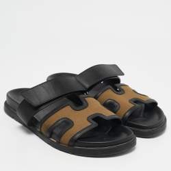 Hermes Brown/Black Canvas and Leather Chypre Sandals Size 41.5