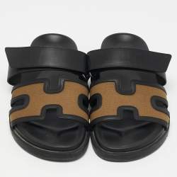 Hermes Brown/Black Canvas and Leather Chypre Sandals Size 41.5