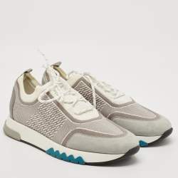Hermes White/Grey Knit Fabric and Suede C-Addict Sneakers Size 44