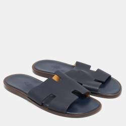 Hermes Navy Blue Leather Izmir Slide Flats Size 41