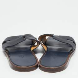 Hermes Navy Blue Leather Izmir Slide Flats Size 41