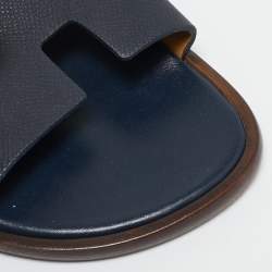 Hermes Navy Blue Leather Izmir Slide Flats Size 41