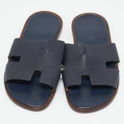 Hermes Navy Blue Leather Izmir Slide Flats Size 41