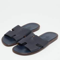 Hermes Navy Blue Leather Izmir Slide Flats Size 41