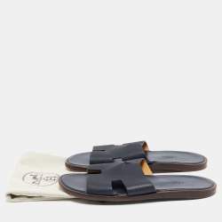 Hermes Navy Blue Leather Izmir Slide Flats Size 41