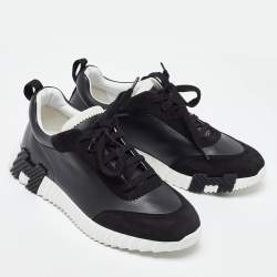 Hermes Black Leather and Suede Bouncing Low Top Sneakers Size 40.5