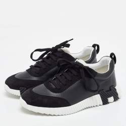 Hermes Black Leather and Suede Bouncing Low Top Sneakers Size 40.5