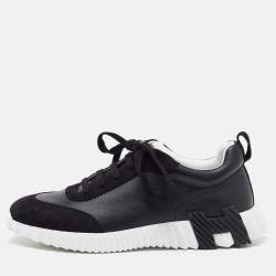 Hermes Black Leather and Suede Bouncing Low Top Sneakers Size 40.5