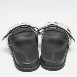 Hermès Black/Off White Leather and Canvas Chypre Sandals Size 46