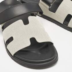 Hermès Black/Off White Leather and Canvas Chypre Sandals Size 46