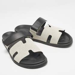 Hermès Black/Off White Leather and Canvas Chypre Sandals Size 46
