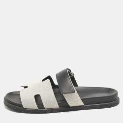 Hermès Black/Off White Leather and Canvas Chypre Sandals Size 46