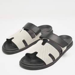 Hermès Black/Off White Leather and Canvas Chypre Sandals Size 46