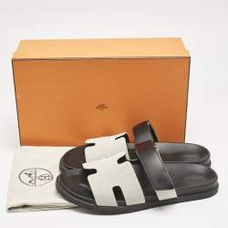 Hermès Black/Off White Leather and Canvas Chypre Sandals Size 46