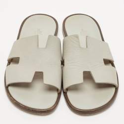 Hermes Grey Leather Izmir Flat Slides Size 41