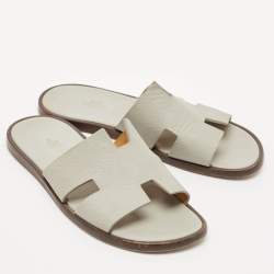 Hermes Grey Leather Izmir Flat Slides Size 41