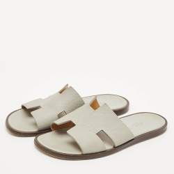 Hermes Grey Leather Izmir Flat Slides Size 41