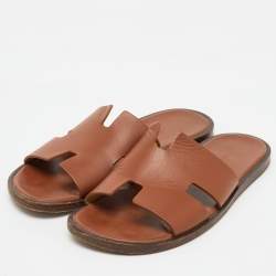 Pre Owned Hermes Brown Leather Izmir Flat Sandals Size 40.5