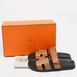 Hermes Brown Leather Chypre Flat Sandals Size 42.5