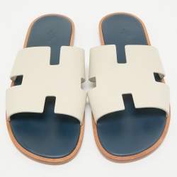 Hermes White/Blue Leather Izmir Flat Sandals Size 46