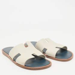 Hermes White/Blue Leather Izmir Flat Sandals Size 46