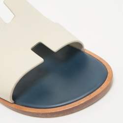 Hermes White/Blue Leather Izmir Flat Sandals Size 46