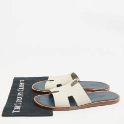 Hermes White/Blue Leather Izmir Flat Sandals Size 46