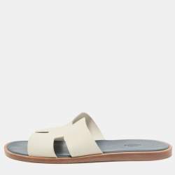 Hermes White/Blue Leather Izmir Flat Sandals Size 46