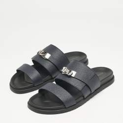Pre Owned Hermes Navy Blue Leather Jackson Sandals Size 45