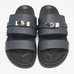Pre Owned Hermes Navy Blue Leather Jackson Sandals Size 45