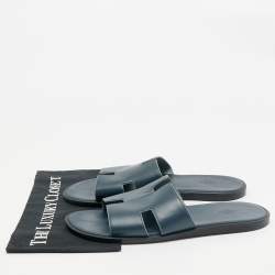 Hermes Navy Blue Leather Izmir Flat Slide Sandals Size 46