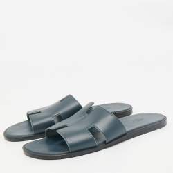 Hermes Navy Blue Leather Izmir Flat Slide Sandals Size 46