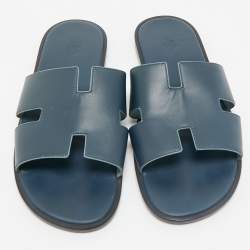 Hermes Navy Blue Leather Izmir Flat Slide Sandals Size 46