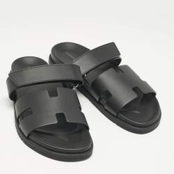 Hermes Black Leather Chypre Sandals Size 45.5