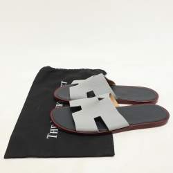 Hermes Grey/Navy Blue Leather Izmir Slip On Sandals Size 44