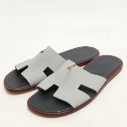 Hermes Grey/Navy Blue Leather Izmir Slip On Sandals Size 44