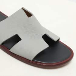 Hermes Grey/Navy Blue Leather Izmir Slip On Sandals Size 44