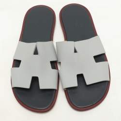 Hermes Grey/Navy Blue Leather Izmir Slip On Sandals Size 44