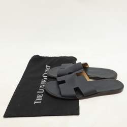 Hermes Navy Blue Leather Izmir Slides Size 44