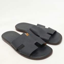 Hermes Navy Blue Leather Izmir Slides Size 44