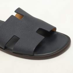 Hermes Navy Blue Leather Izmir Slides Size 44
