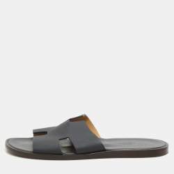 Hermes Navy Blue Leather Izmir Slides Size 44