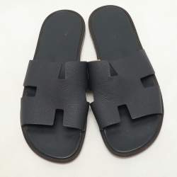 Hermes Navy Blue Leather Izmir Slides Size 44