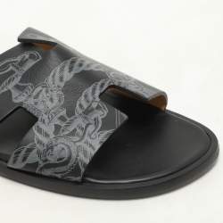 Hermes Black Ferronnerie Print Leather Izmir Flat Sandals Size 44
